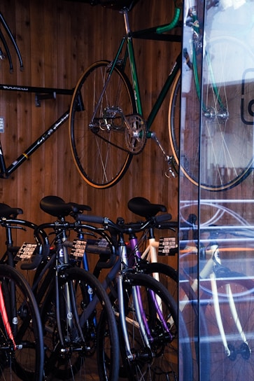 A vibrant image of various bicycles displayed in a local shop.