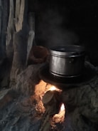 A metal pot sits on a rustic, makeshift stove made from rocks, with flames and smoke visible underneath. Wooden logs are stacked beside the stove, contributing to the fire.