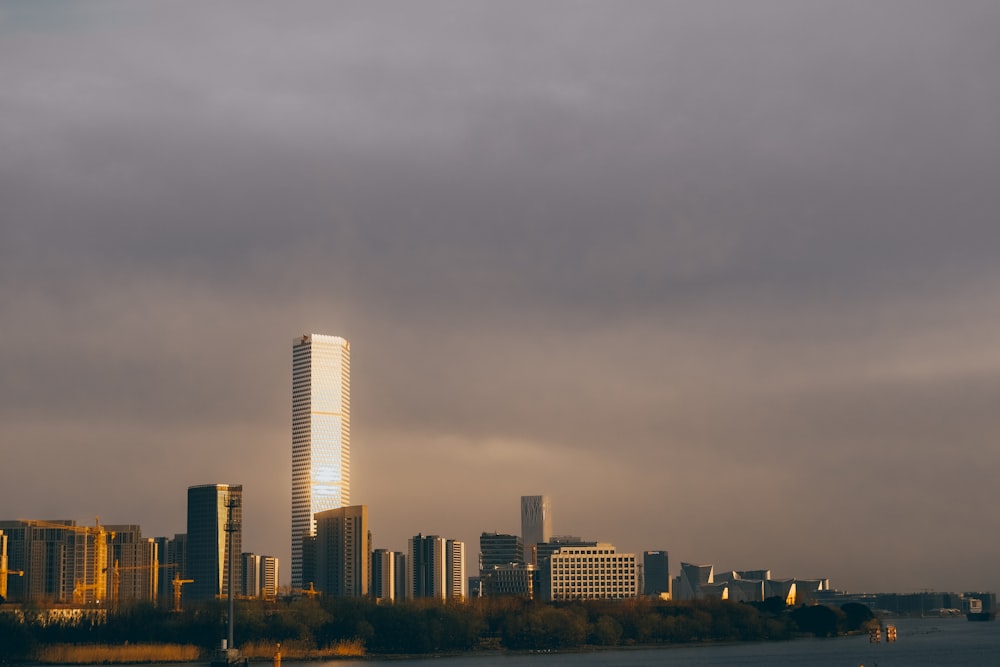 a view of a city with tall buildings and a body of water