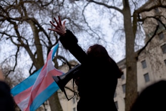 A person is silhouetted, raising one arm in front of a large flag with pink, blue, and white stripes. They are holding a megaphone, suggesting they are speaking or leading a demonstration. The background features bare trees and part of a building under a cloudy sky.