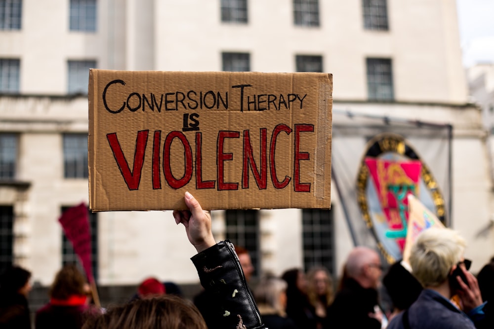 a person holding up a sign that says convention therapy is violence
