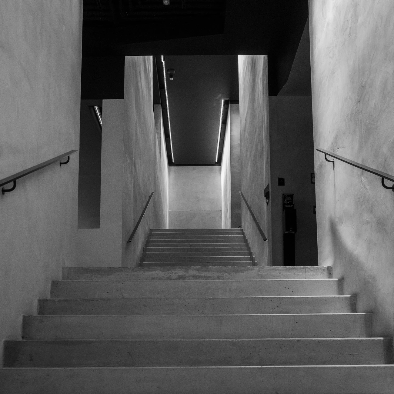 Monochrome photograph of a minimalist architectural staircase