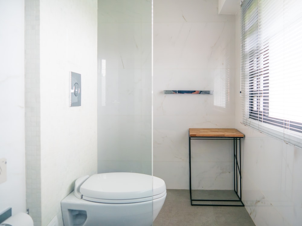 a white toilet sitting next to a window in a bathroom