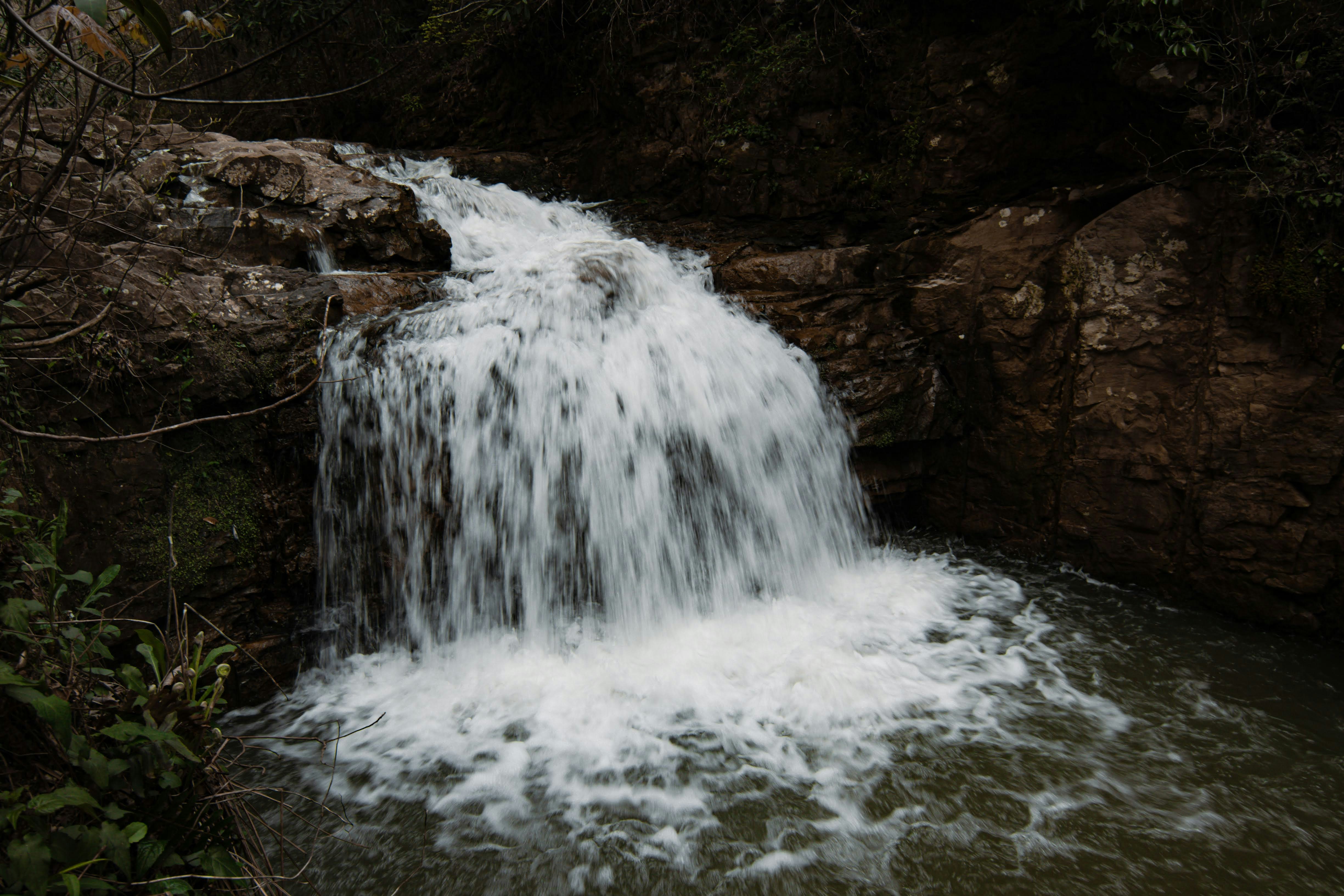 a small waterfall in the middle of a forest, 