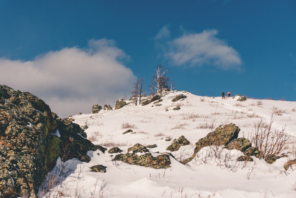 a rocky outcropping covered in snow under a blue sky