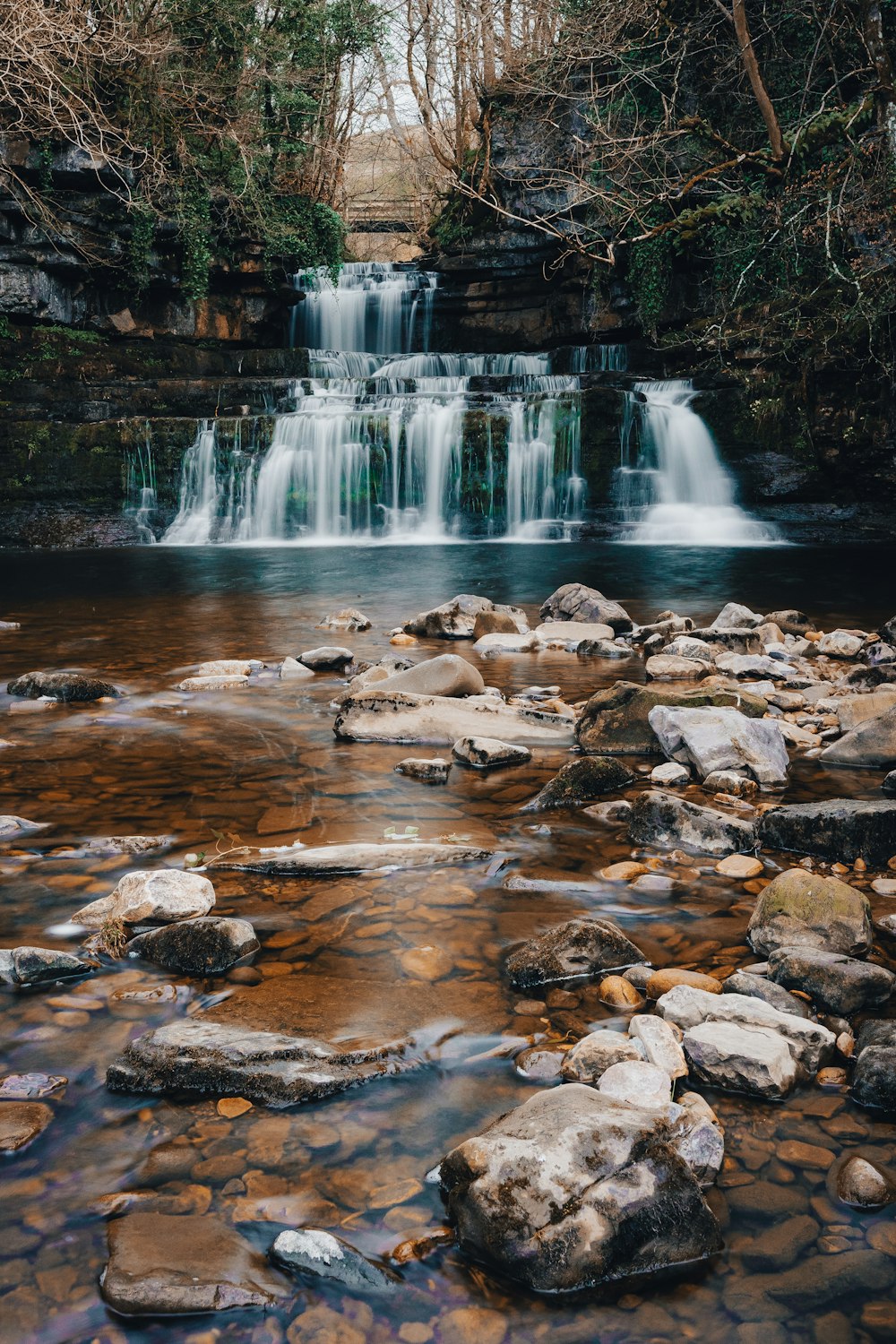 a small waterfall in the middle of a forest