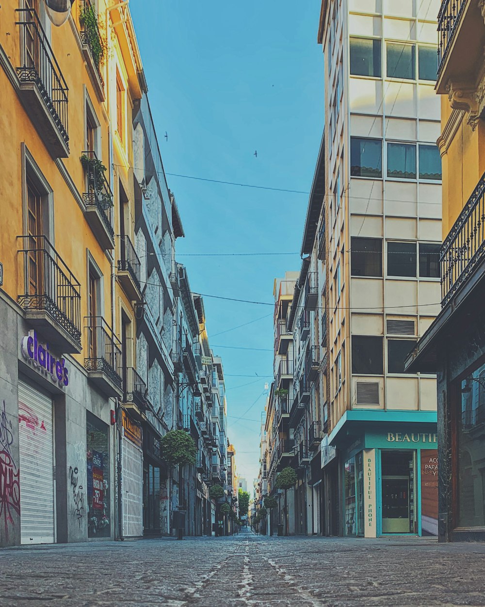 Una calle de la ciudad bordeada de edificios altos uno al lado del otro