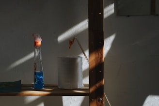 A sunny living room with a spray bottle of room freshener on a wooden table.