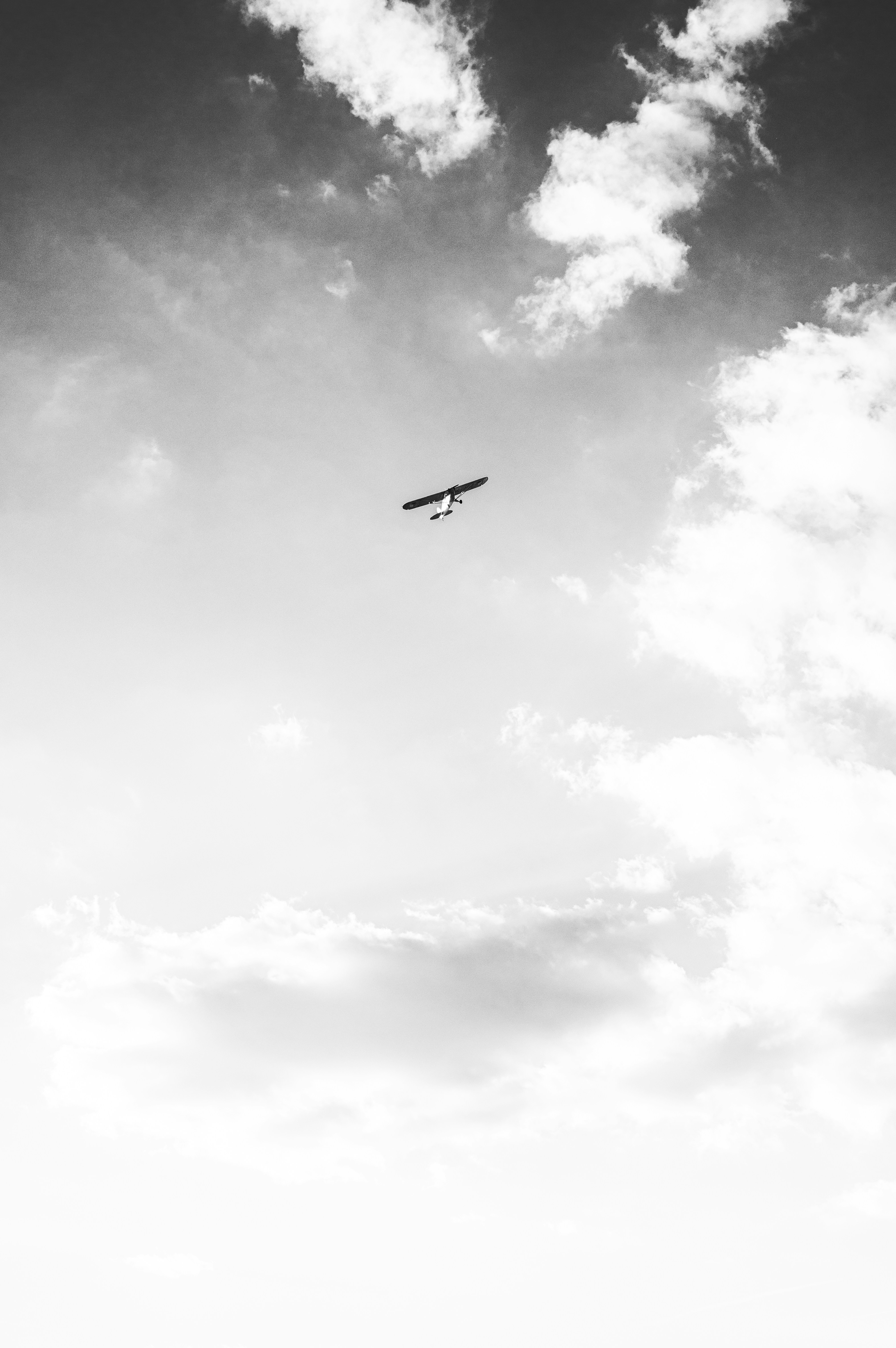 Old plane flying on the cloudy sky