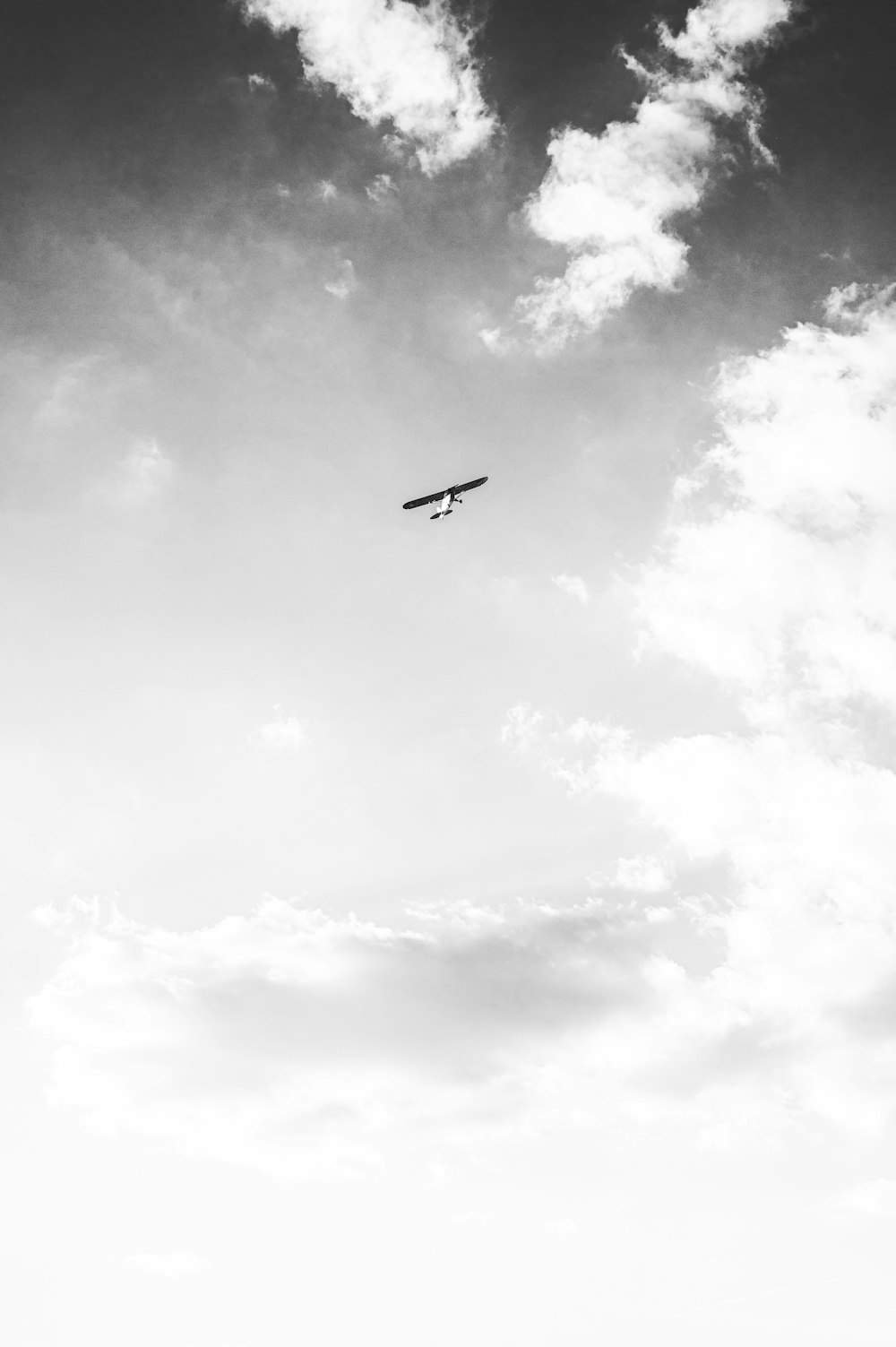 uma foto em preto e branco de um avião no céu