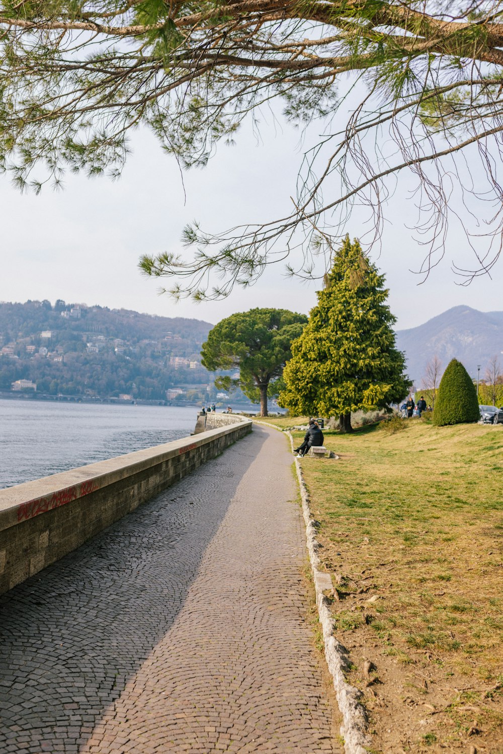 a paved path next to a body of water