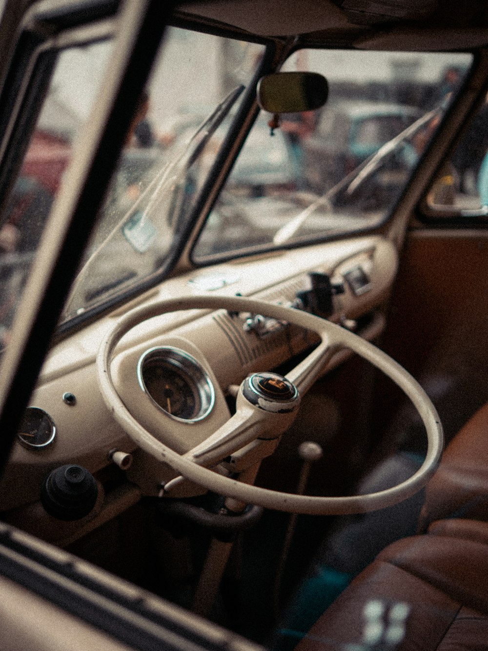 the interior of a car with a steering wheel