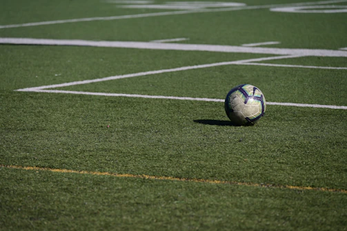 a soccer ball sitting on top of a soccer field