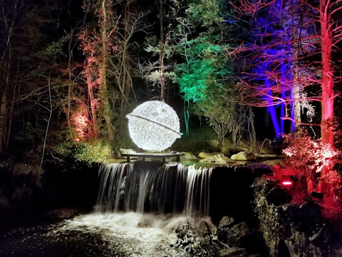 A serene installation piece combining natural elements and light.