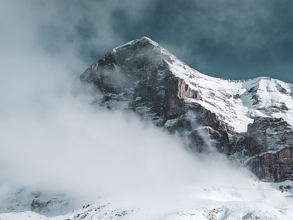 a mountain covered in snow and clouds under a cloudy sky