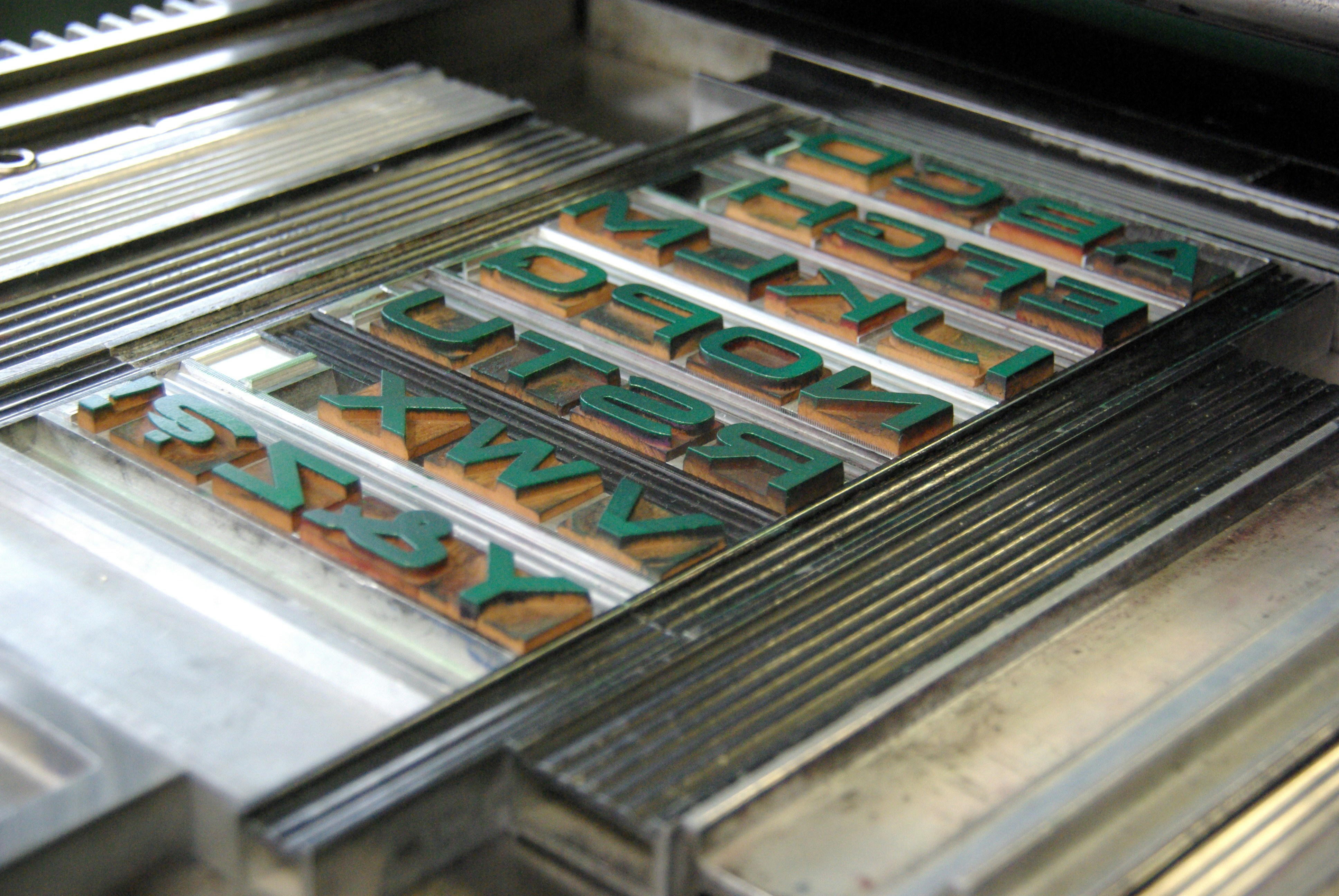Italian Wood Type Alphabet setup on printing press for printing spec sheets. Taken at Tipoteca Italiana. 