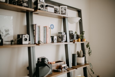 a shelf filled with cameras and books on top of a wall