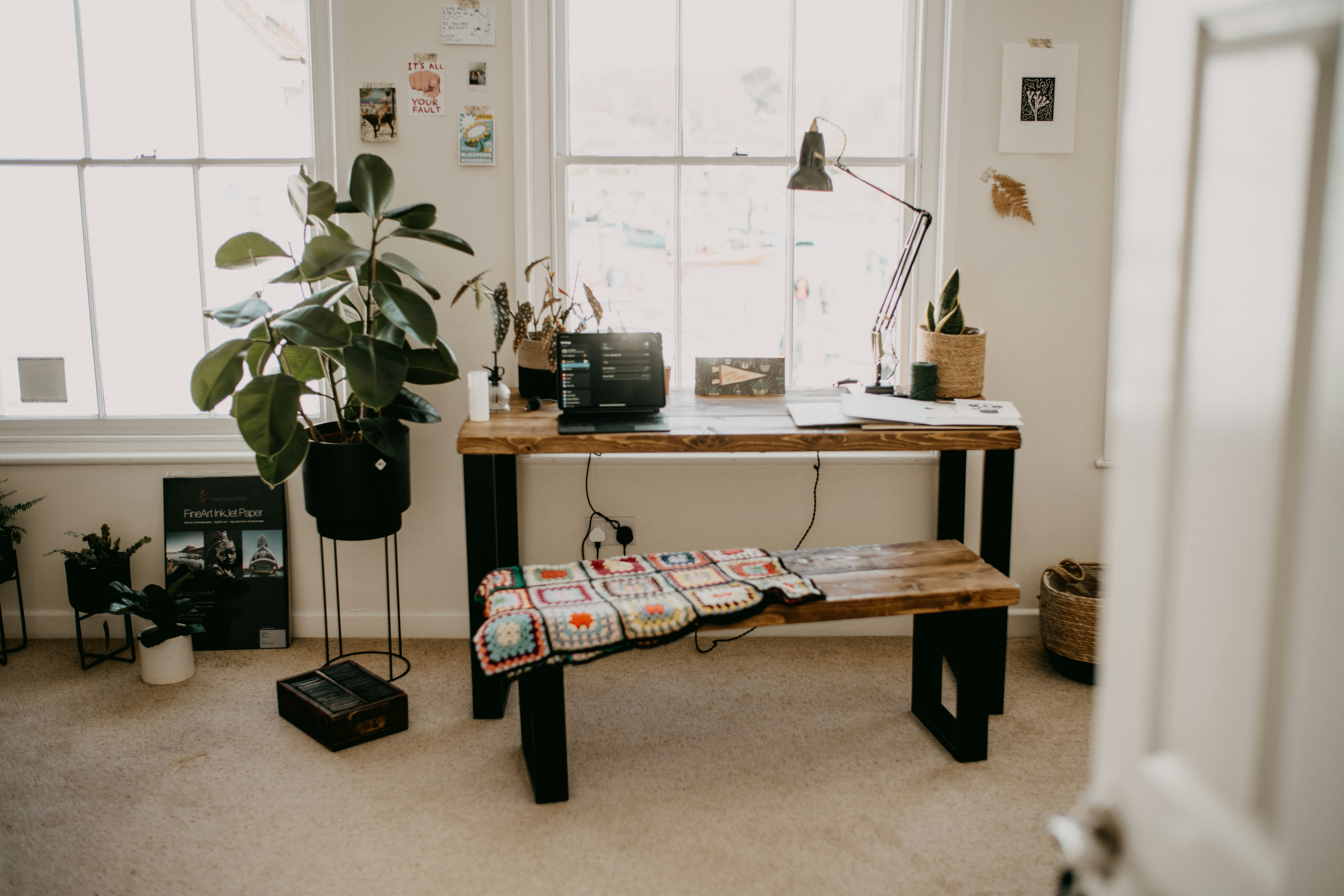 Minimal workspace with table and bench