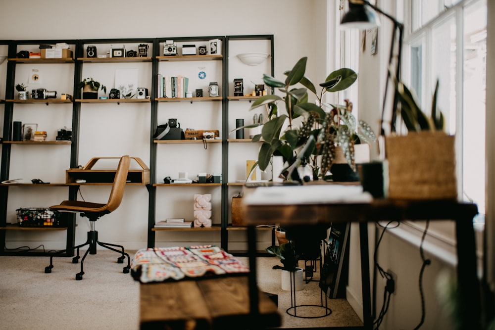 a room with a desk, chair, shelves and a potted plant