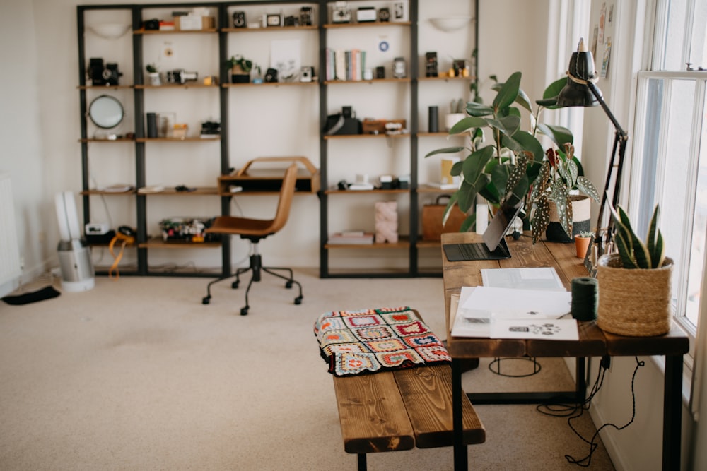 a room with a desk, chair, shelves and a potted plant