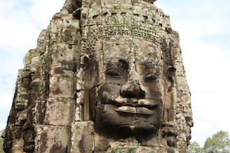a stone statue of a face with a tree in the background