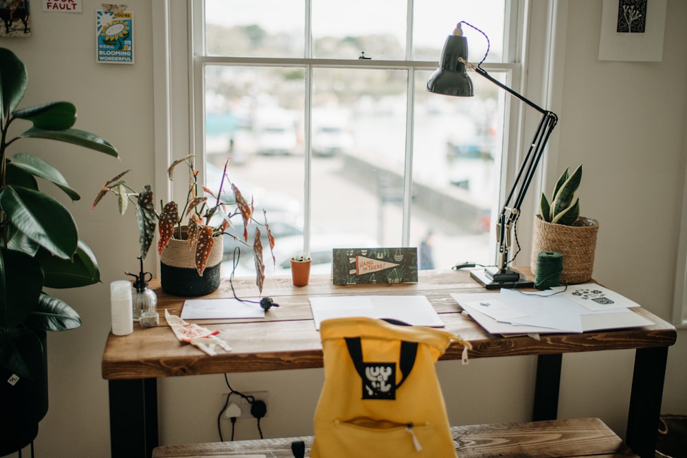 a desk with a laptop and a potted plant on it