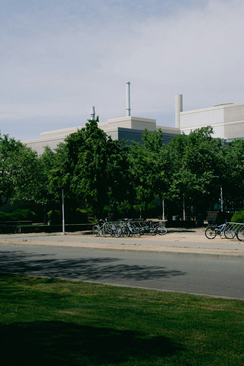 a group of bikes parked on the side of a road