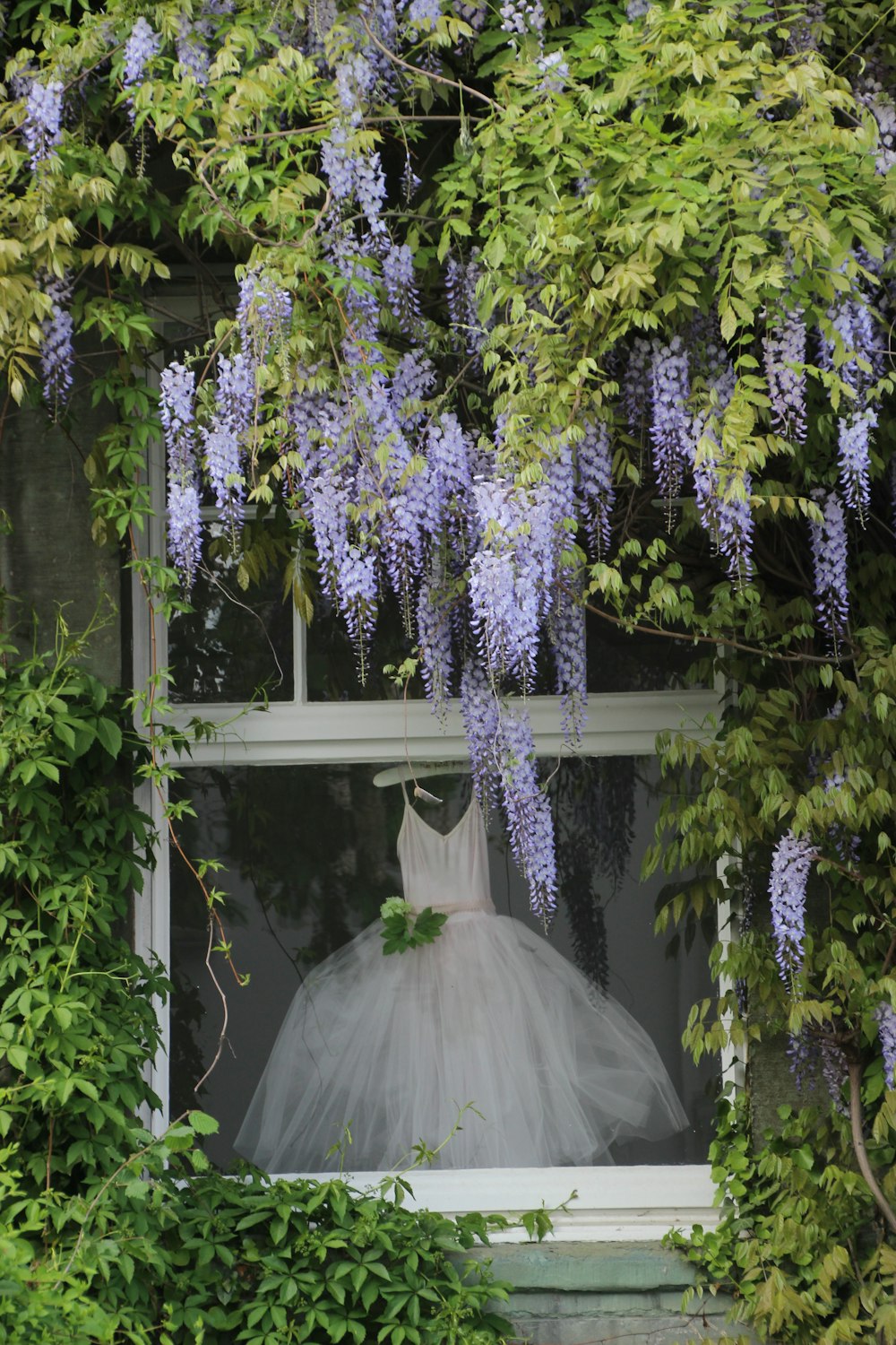 a wedding dress is hanging in a window