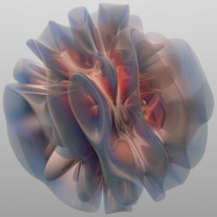 A complex, abstract 3D shape with fluid, translucent layers intertwining. The colors are primarily metallic with hints of red, suggesting a futuristic or organic feel. The form appears dynamic, as if frozen in mid-motion.