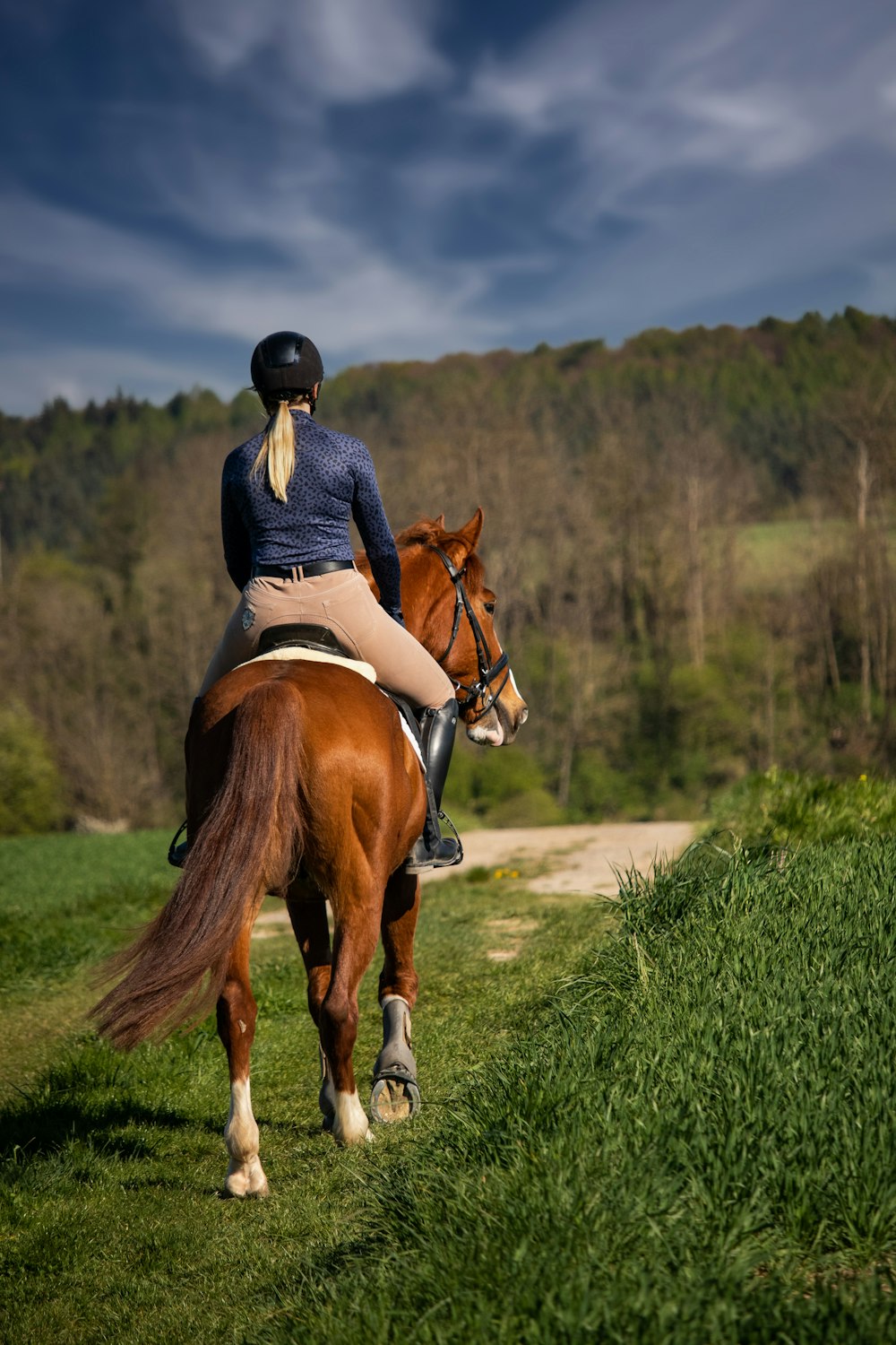 a woman riding on the back of a brown horse