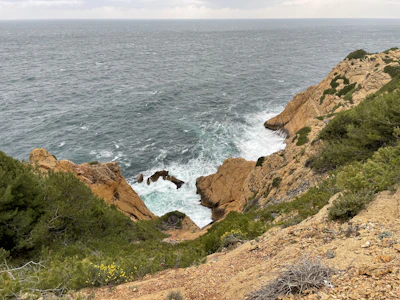 A scenic coastal view of the Cape Peninsula with waves crashing against rugged cliffs.