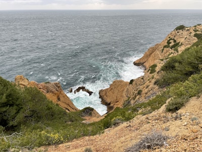 A scenic view of the coastline with cliffs and ocean waves.