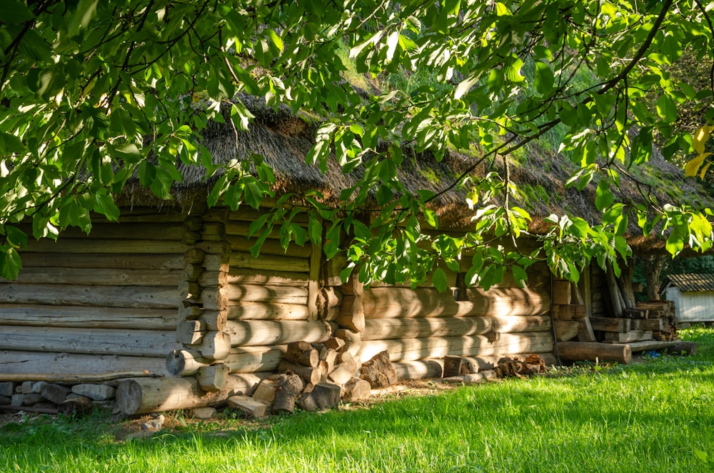 a log cabin with grass on the lawn