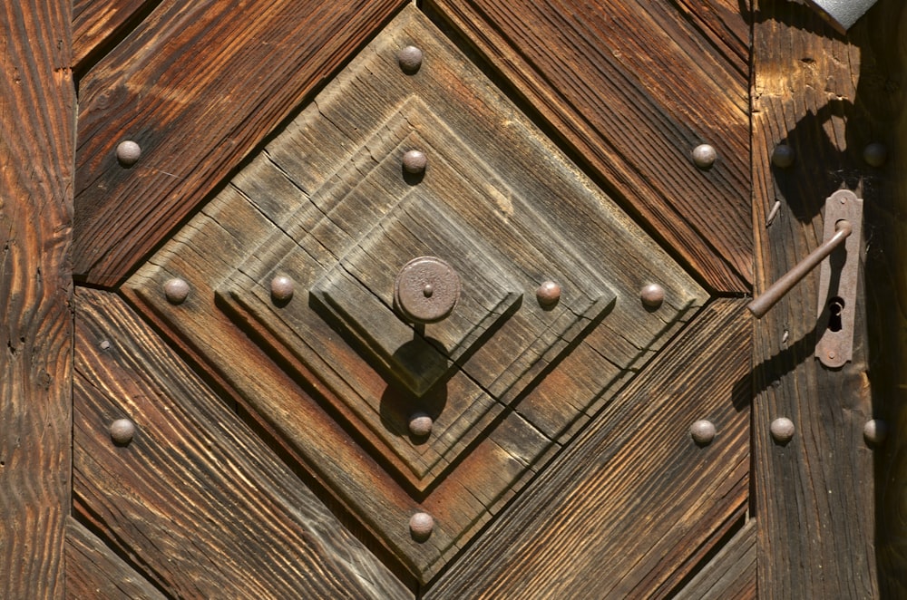 a close up of a wooden door with knobs