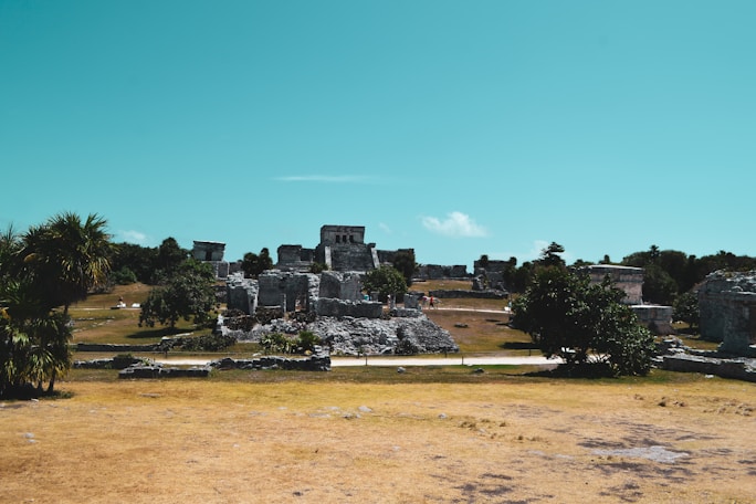 a group of ruins sitting on top of a dry grass field