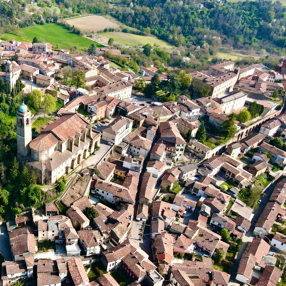 an aerial view of a small village in the countryside