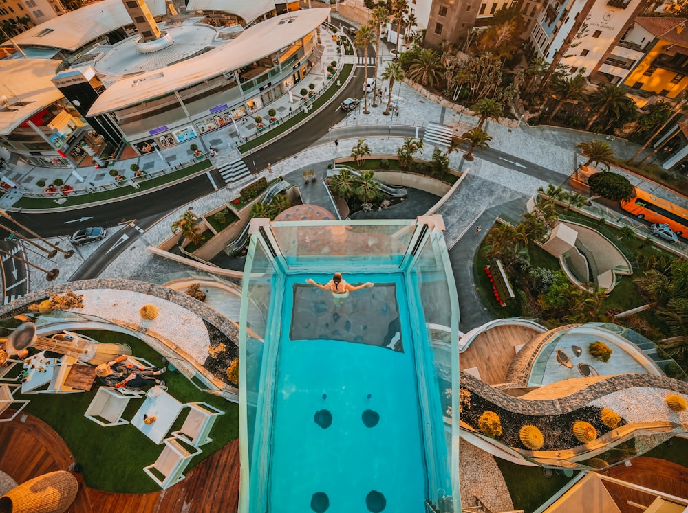 an aerial view of a water slide in a park