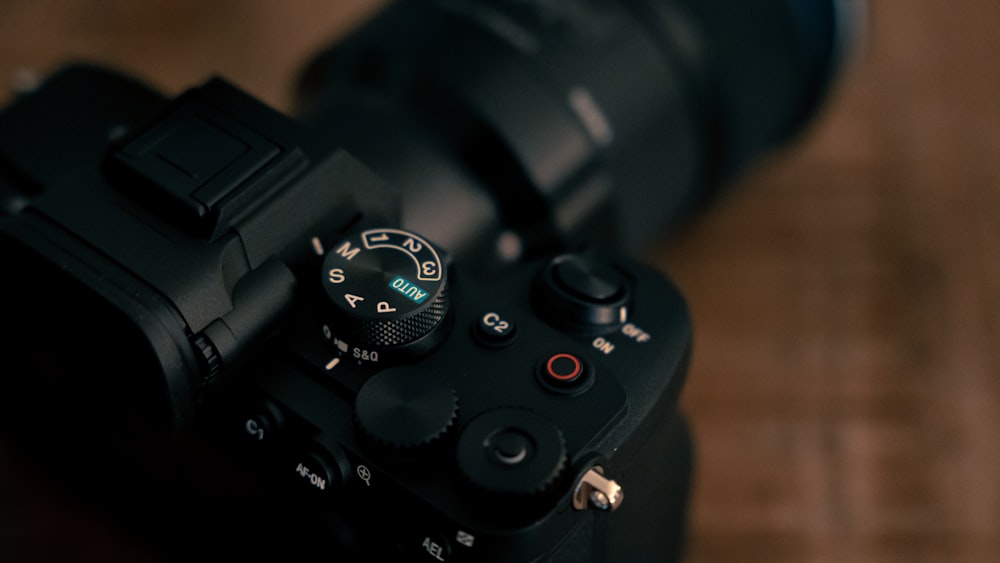 a close up of a camera on a table