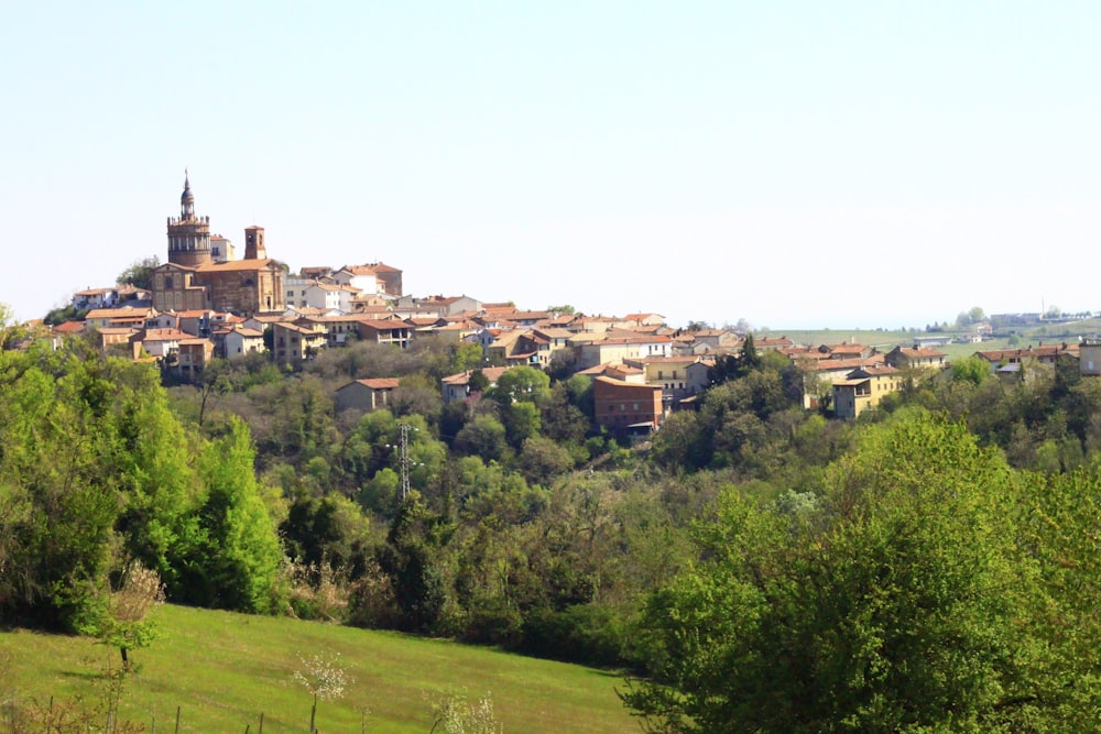 a small village on a hill surrounded by trees