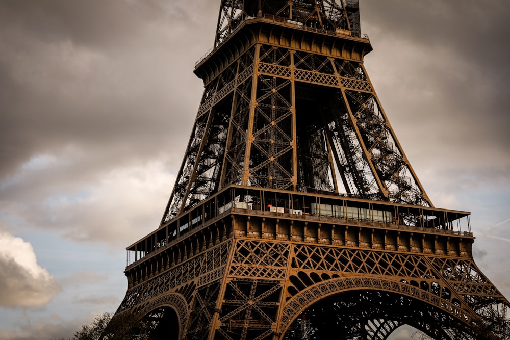 the eiffel tower under a cloudy sky