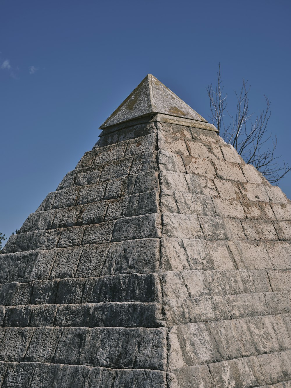 uma pirâmide de pedra com uma árvore no fundo