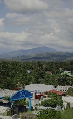 A scenic view features a lush, green landscape with abundant trees and vegetation. In the foreground, several rooftops can be seen, some with vibrant blue, green, and red accents. Rolling hills stretch across the background, with a tall mountain under a partly cloudy sky.