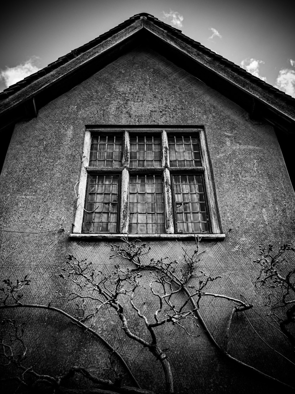 une photo en noir et blanc d’une fenêtre sur un bâtiment