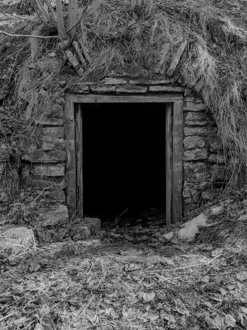 Ein Schwarz-Weiß-Foto einer Höhle