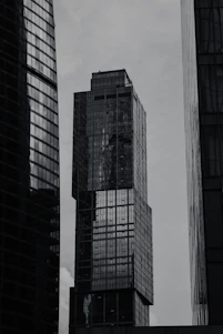 a black and white photo of skyscrapers in a city