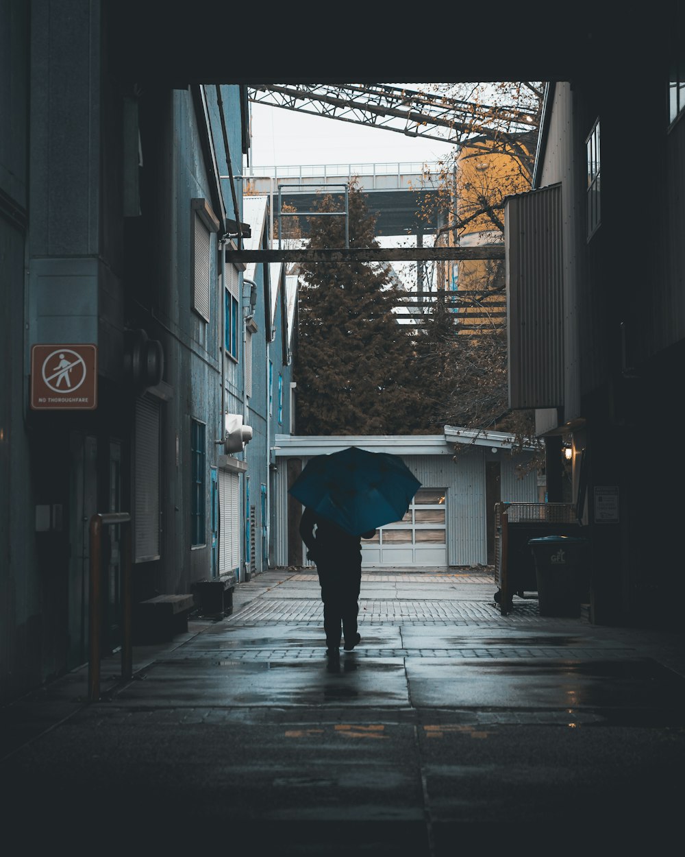 a person walking down a street holding an umbrella