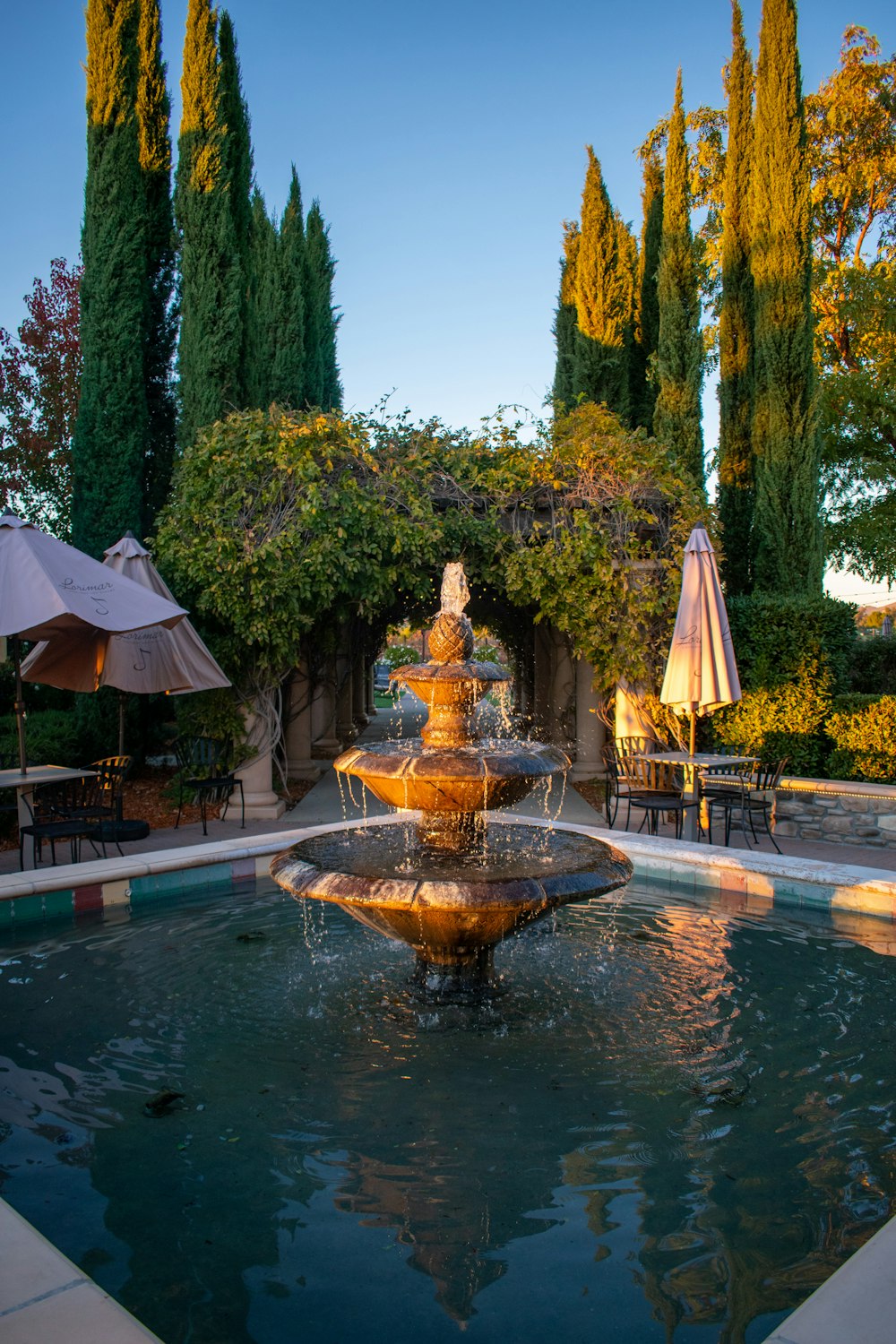 a fountain in the middle of a garden with umbrellas