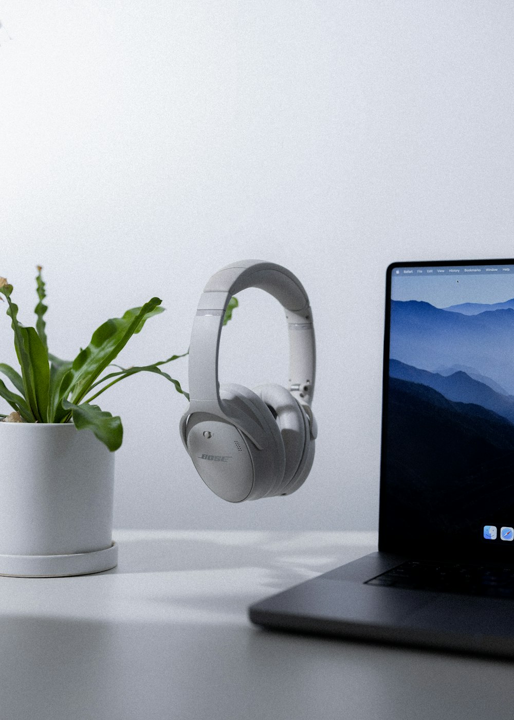 a laptop computer sitting on top of a desk next to a plant