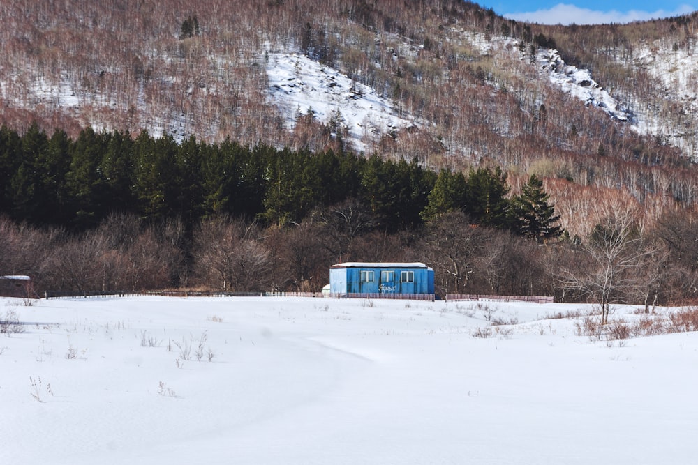 Un piccolo edificio blu seduto nel mezzo di un campo innevato