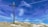 A large cross stands atop a rocky hill against a backdrop of a clear blue sky. Wispy clouds and airplane contrails streak across the sky, creating a dynamic and open setting. Sparse patches of grass dot the rocky terrain below.